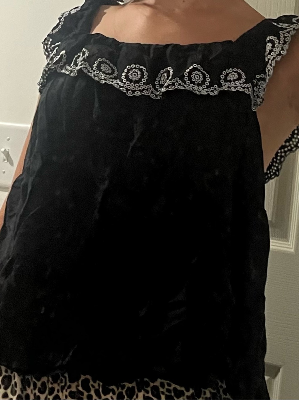 Old Navy Black Tank Top with White Embroidered Ruffle